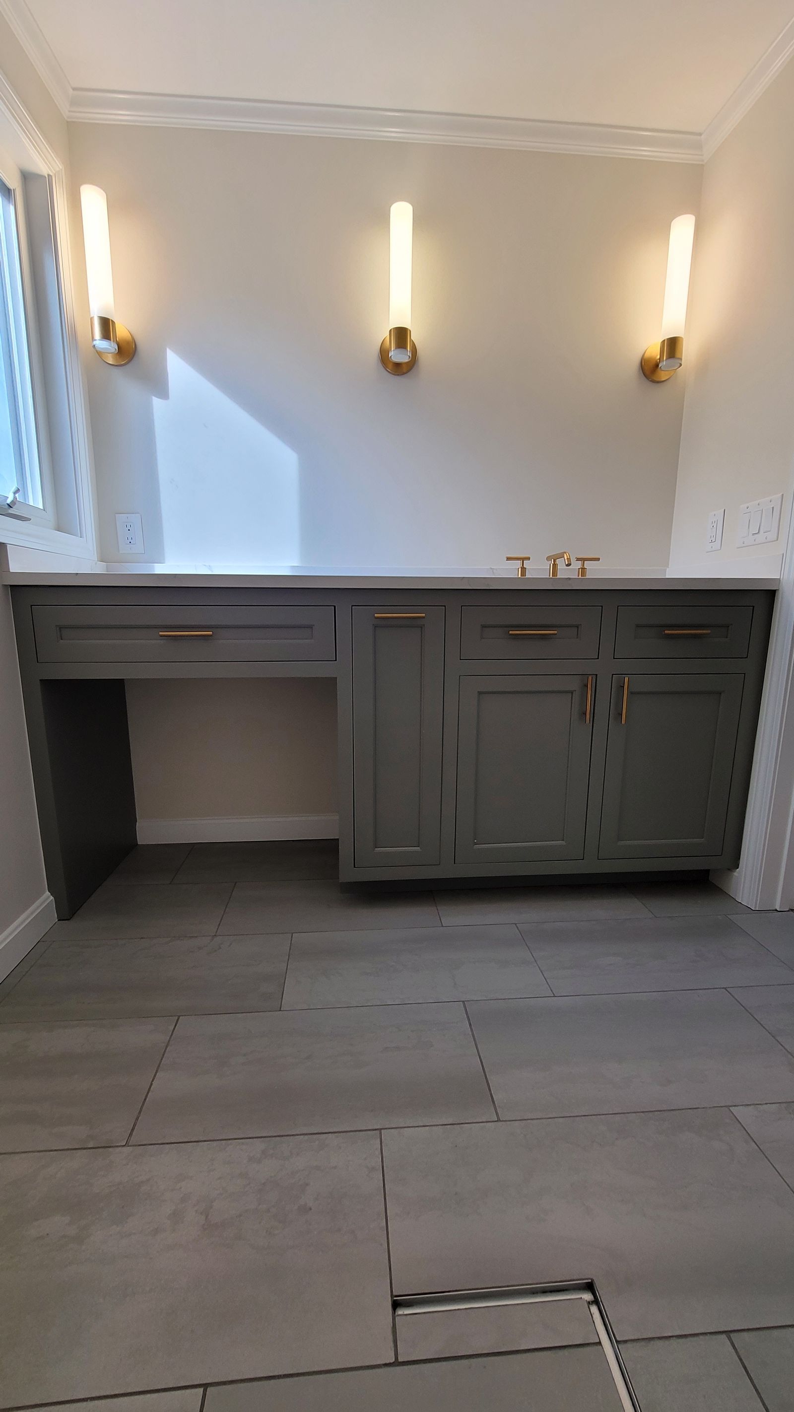Gray painted inset vanity built by T/R Millwork